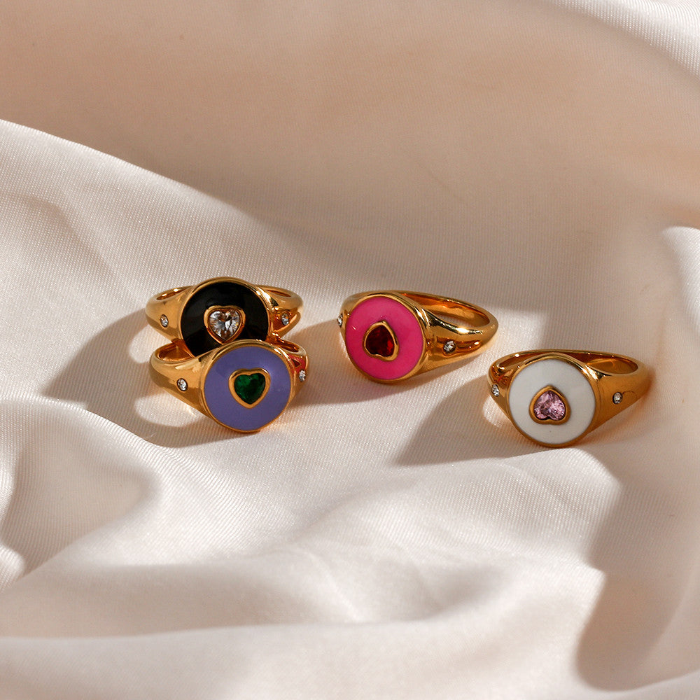 Black Purple Pink CZ Heart Stone 18k Gold Stainless Steel Waterproof Bling Rings