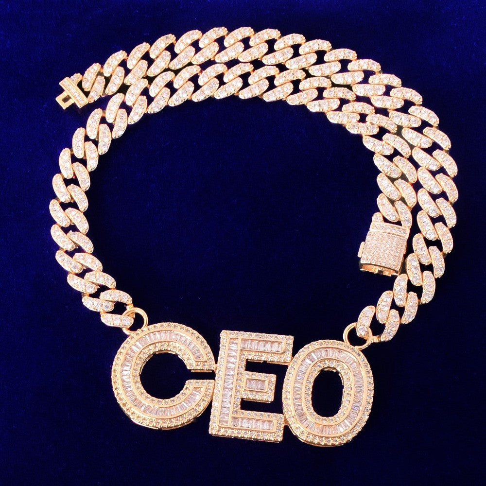 24k Gold Custom Name Baguette Flooded Ice Hip Hop Pendant Chain Necklace