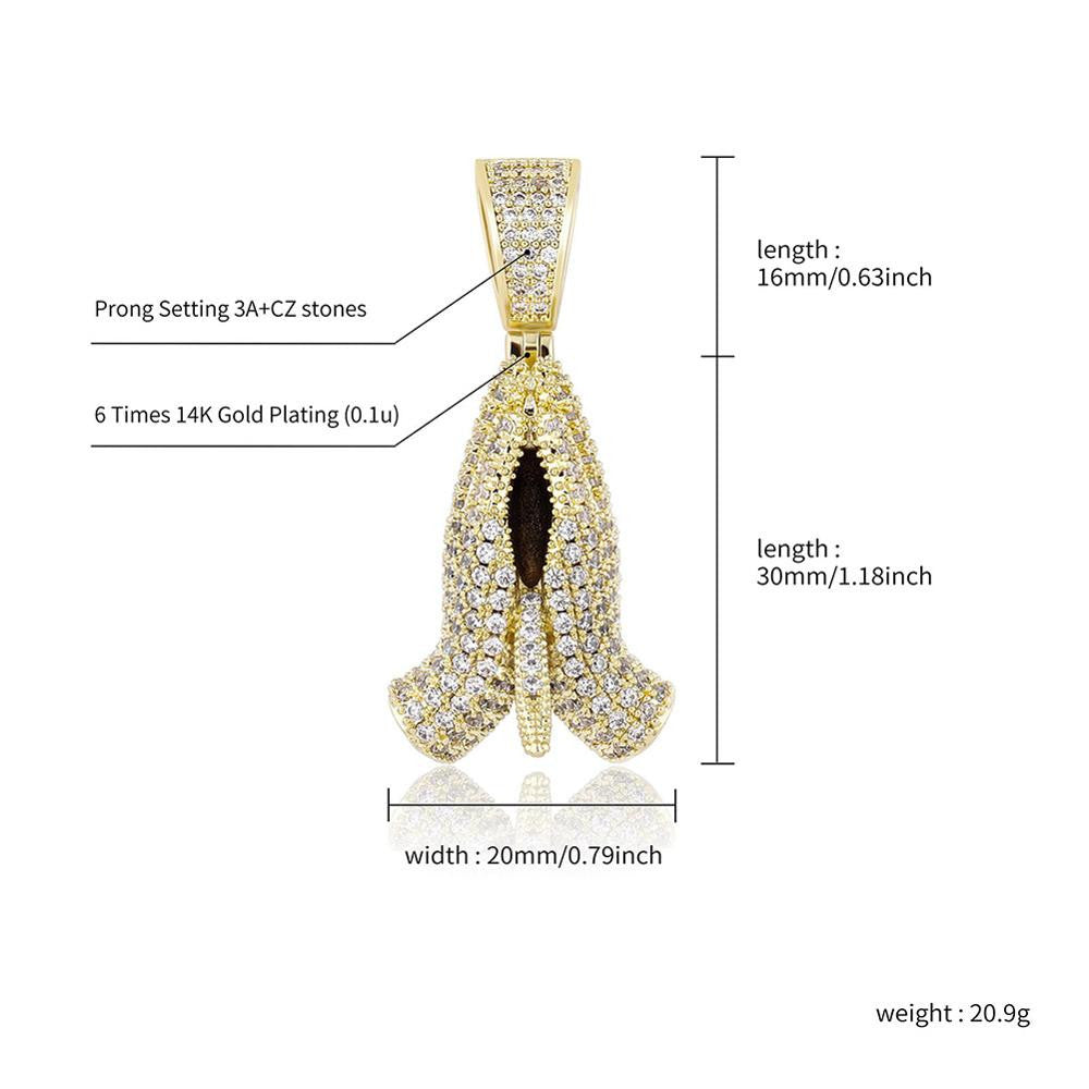 Hip Hop Praying Hand Rugged Cross Prong Set 14k Gold 925 Silver Pendant