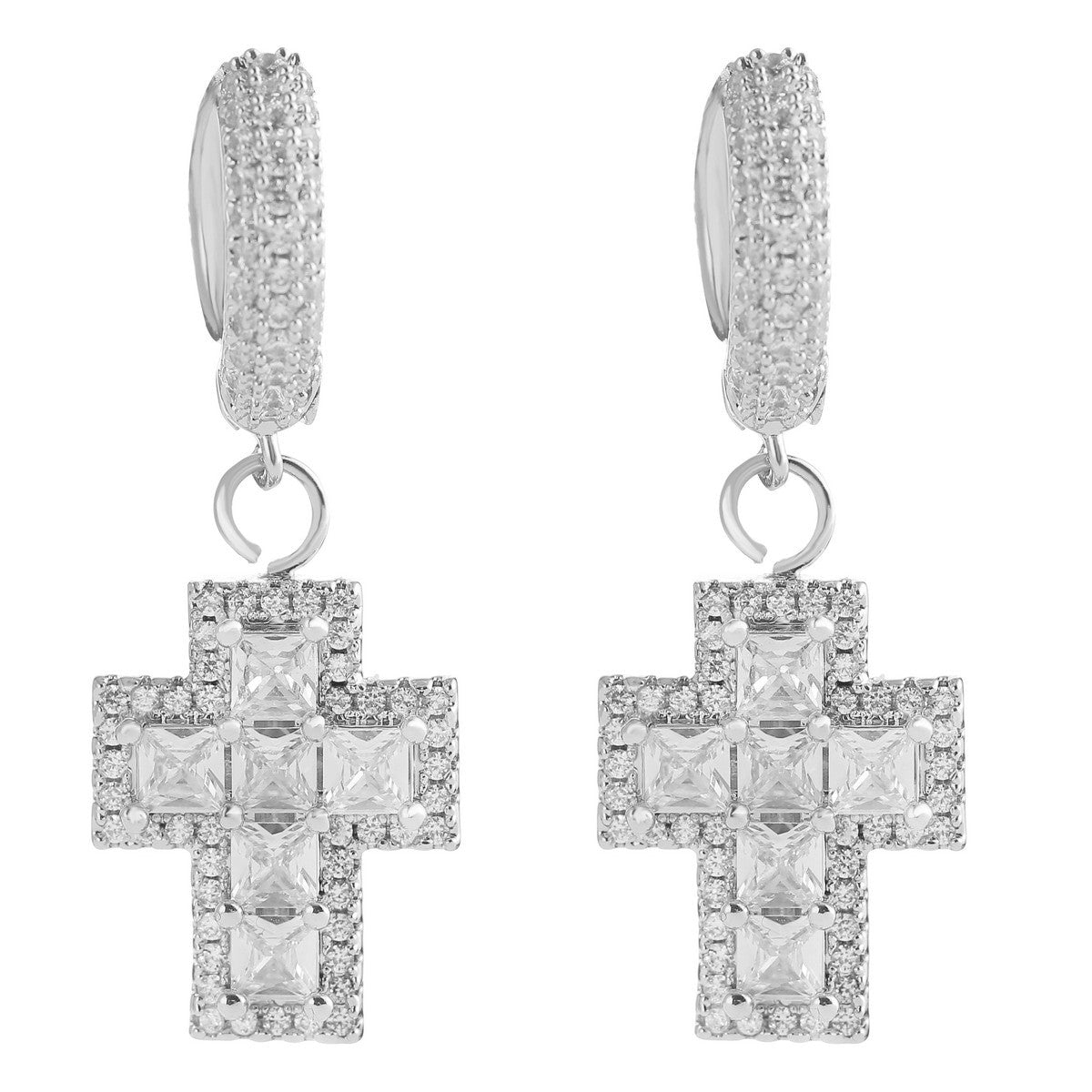 Arctic Majesty | Princess Cut Cross Drop Dangle Huggie Hip Hop Earrings