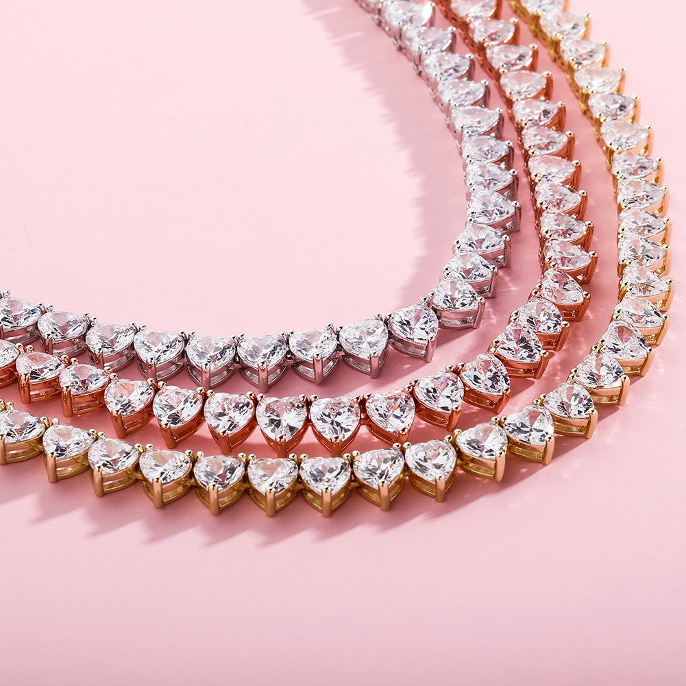 Rose Gold 14k 925 Silver Total Iced AAA Heart Shaped Prong Set Tennis Chain Necklace