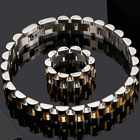Men&#39;s 10mm Waterproof 18k Gold Silver Stainless Steel Watch Band Bracelet Ring Combo Set