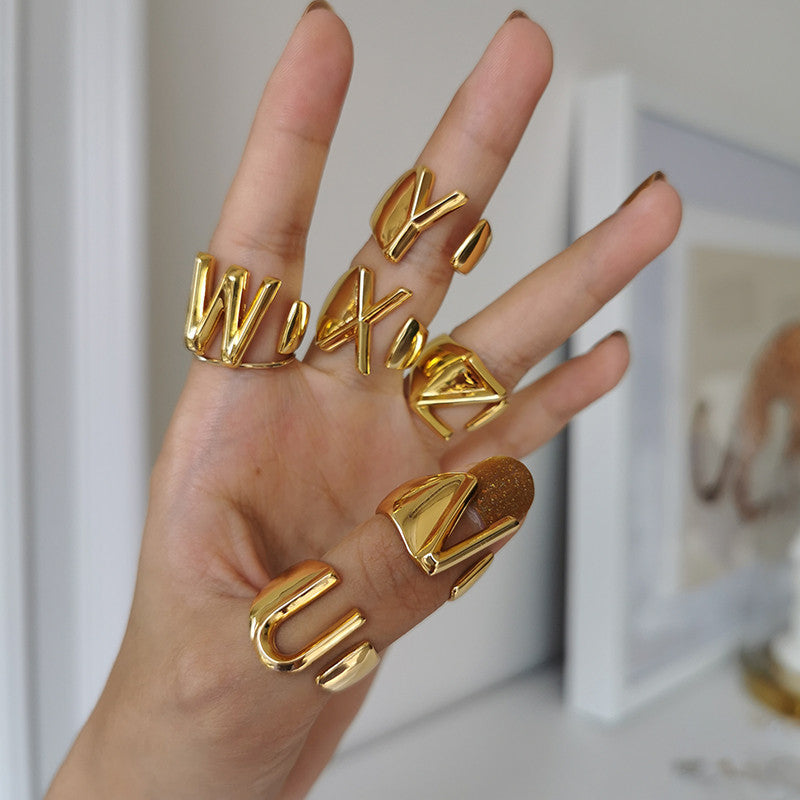 Ladies 18k Gold Initial Letter Adjustable Open Size personality Rings