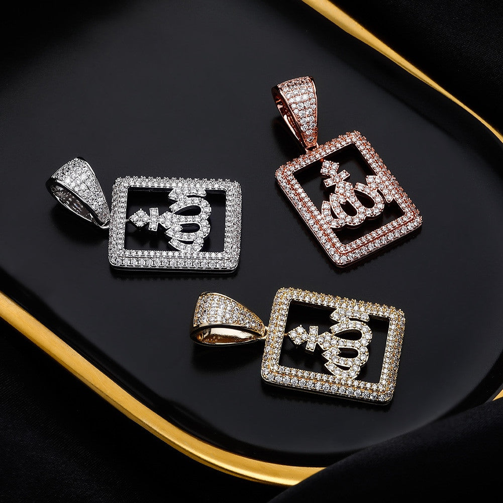 14K Rose Gold 925 Silver Flooded Ice Peace Love Allah Simulate Diamond Hip Hop Pendant