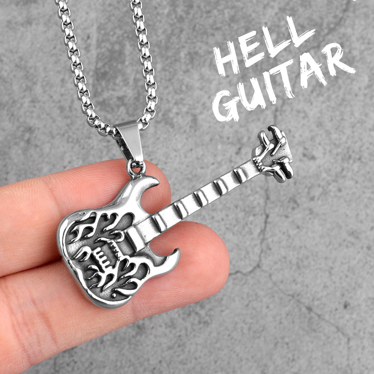 Mens 316L Stainless Steel Street Rock Hip Hop Hell Guitar Pendant Chain Necklace