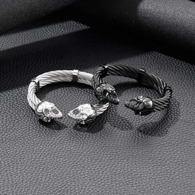 SkullFlex | Mens Double Layer Skull Cable Bangle Stainless Steel Bracelet