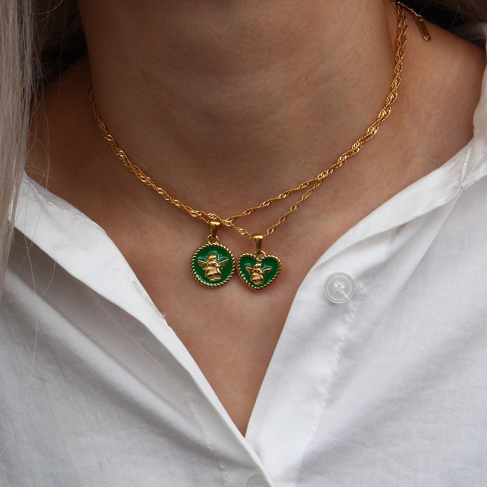 18k Gold Stainless Steel Tarnish Free Angel Heart Enamel Pendant Necklaces