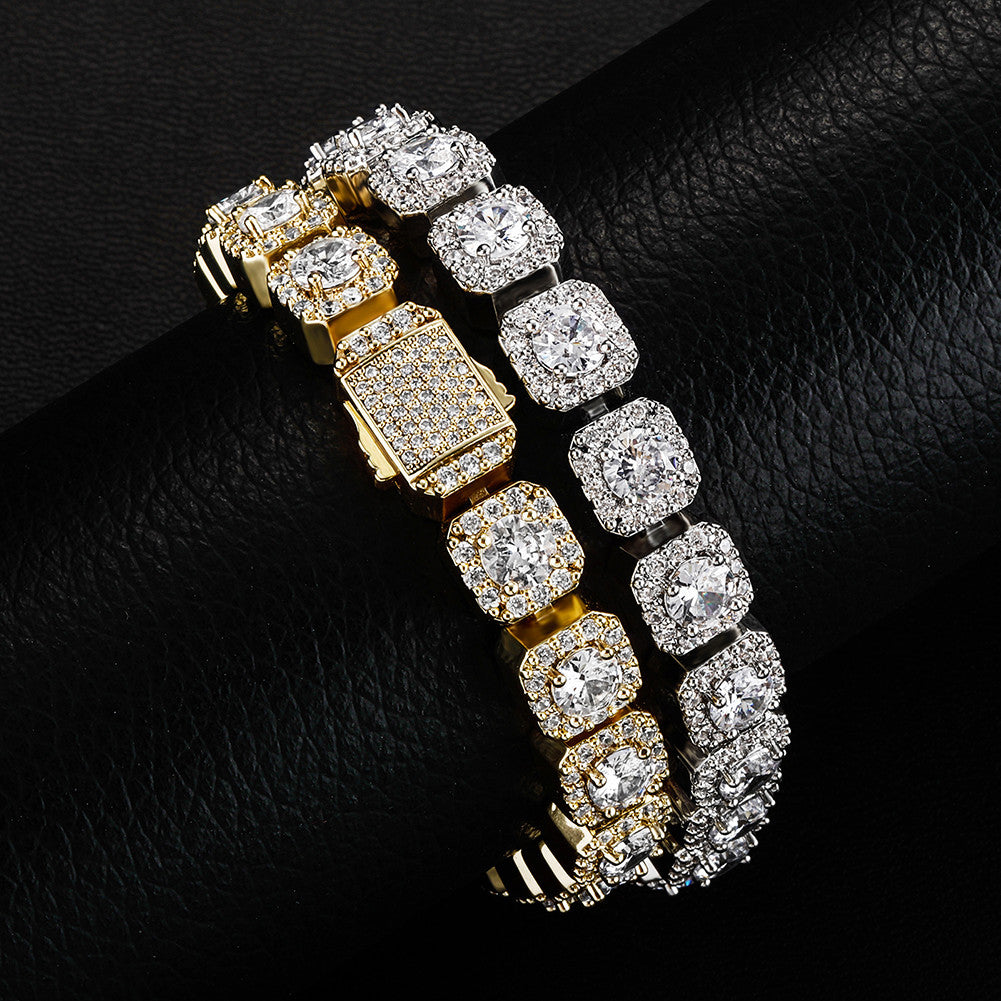 Yellow White Gold VVS Diamond CZ Hip Hop Clustered Stone Spring Clasp Tennis Bracelet