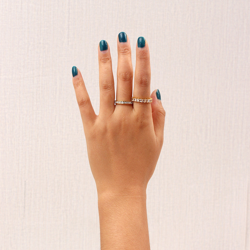 18k Gold 3A Clear CZ Paved Titanium Steel Waterproof Bling Bling Rings