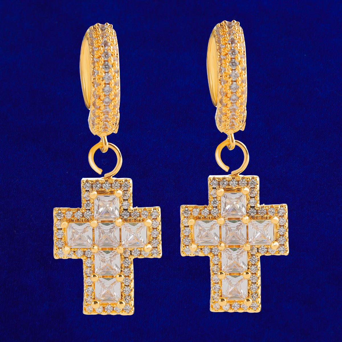 Flooded Ice Baguette Cross Drop Dangle Hinged Huggie Hip Hop Earrings
