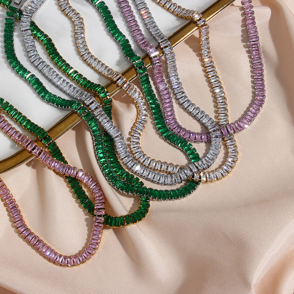 Ladies 18k Gold Silver No Fade Stainless Steel Square Tennis Chain Necklace Bracelet Set