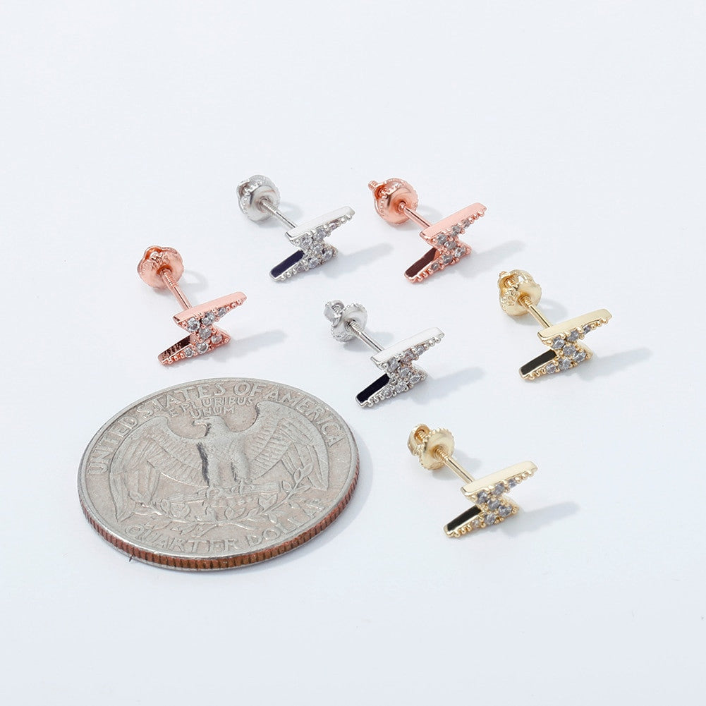 925 Solid Sterling Silver Rose Gold Lightning Bolt AAA Prong Set Stone Bling Earrings