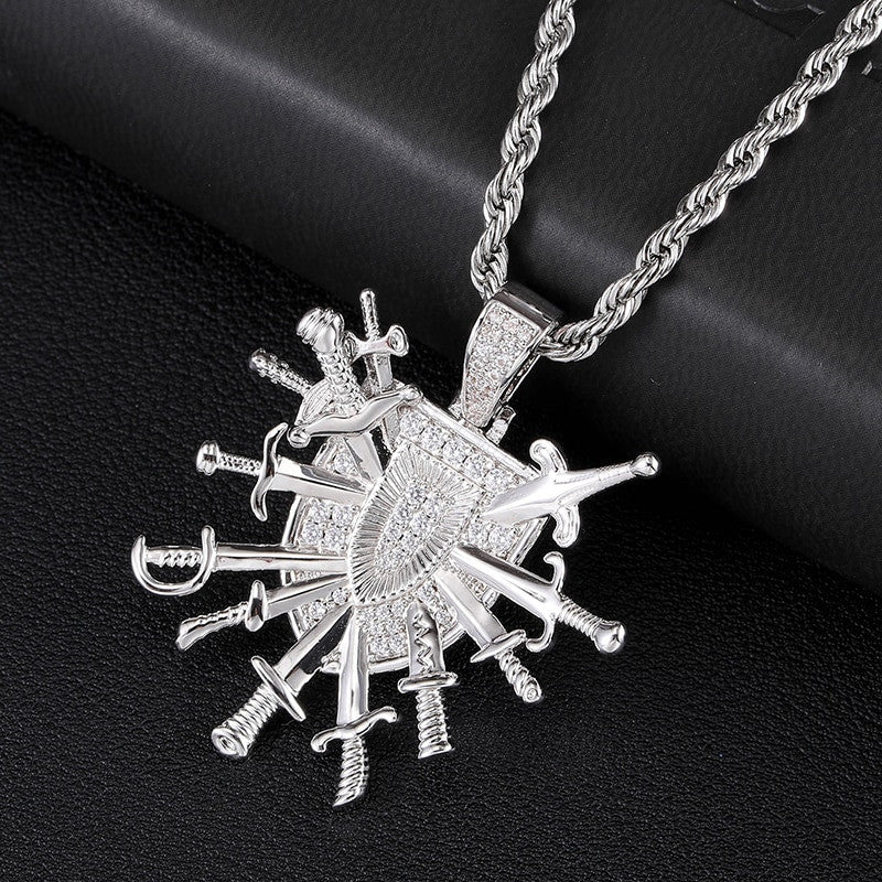 White Gold 18k Gold Shield Dagger Crest Emblem Flooded Ice Pendant Chain Necklace