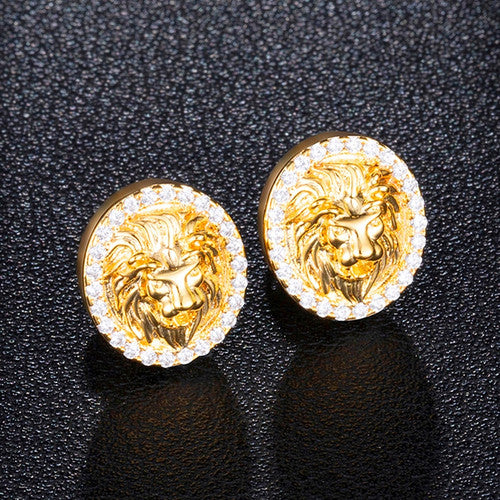 AAA Micro Paved King Lion Head Flooded Ice 14k Gold Bling Earrings
