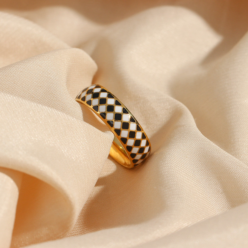 18k Gold Over Stainless Steel Fine Polished Black White Enamel Checker Tarnish Free Ring