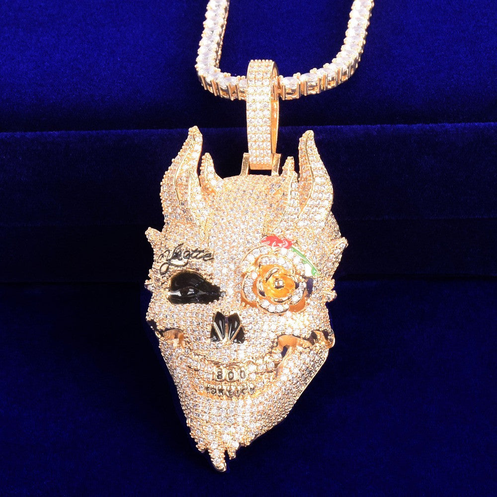 Rose Eye Demon | 18k Yellow 14k White Gold Multi Horned Iced Demon Skull Pendant