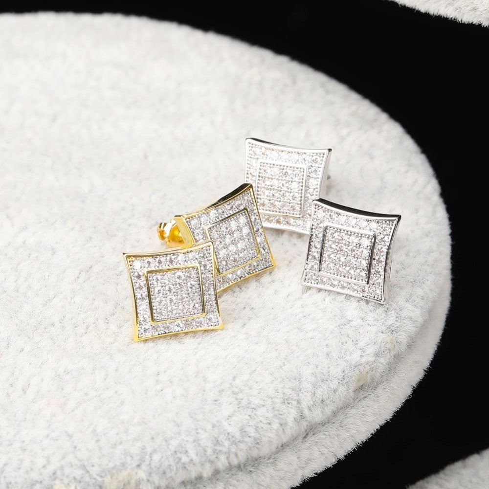 AAA Micro Pave Double Squared Hip Hop 14k Gold 925 Silver Flooded Ice Earrings