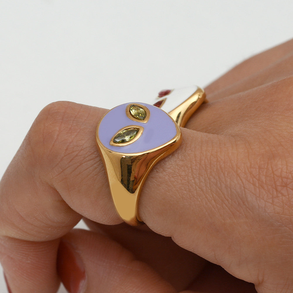 18k Gold Waterproof Tarnish Free Stainless Steel Colorful Pink Green CZ Stone Alien Rings