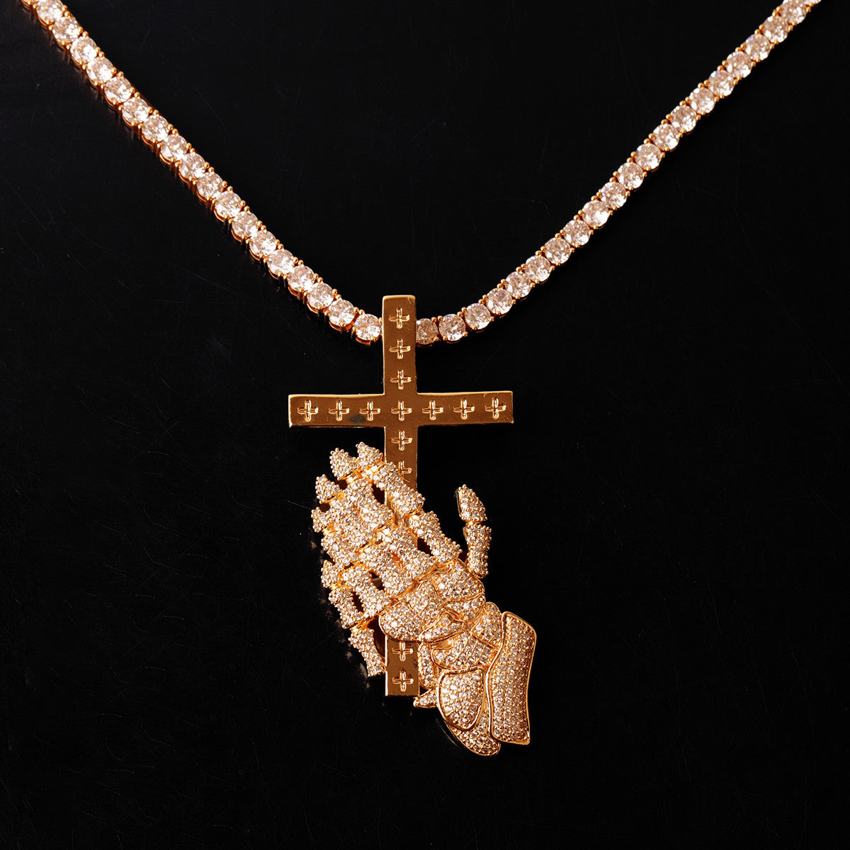 The Faithful | VVS Diamnd CZ Prayer Hands Holding Cross Iced Blinged Out Pendant