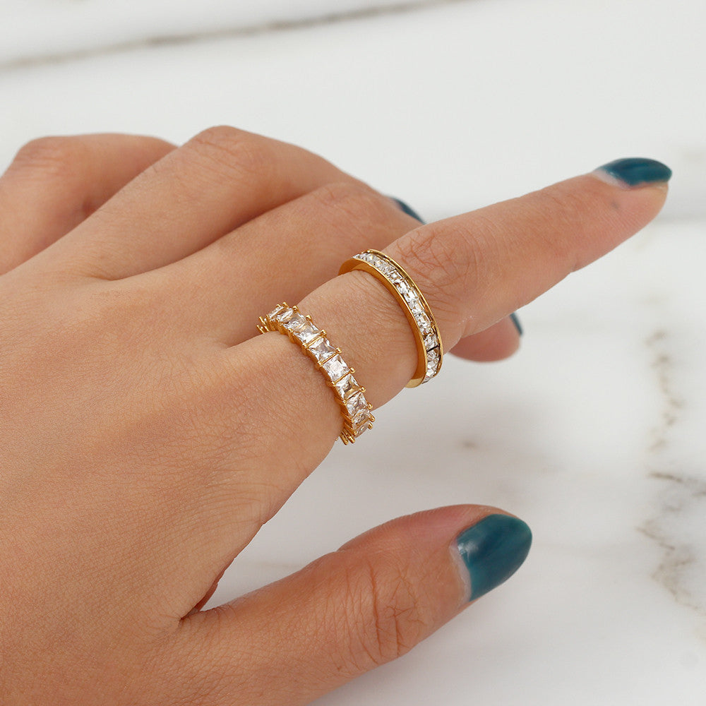 18k Gold 3A Clear CZ Paved Titanium Steel Waterproof Bling Bling Rings