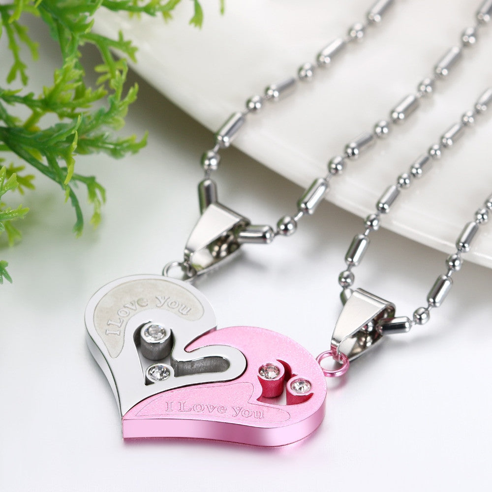 2 Piece Matching Couples Lovers No Tarnish Stainless Steel I Love You Heart Chain Necklace