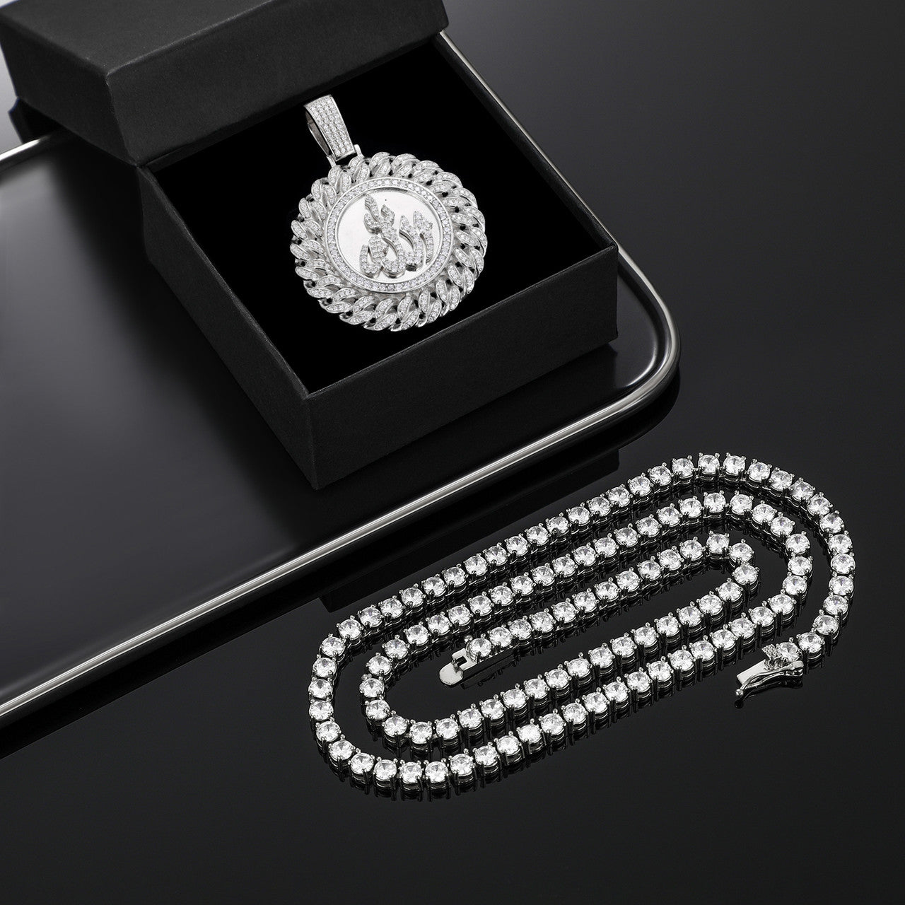 Mens Solid 925 Sterling Silver Allah Flooded Ice Hip Hop Pendant