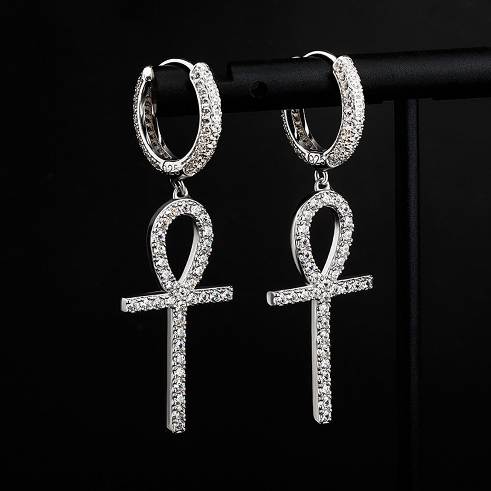 925 Sterling Silver over 14k Gold Original Ankh Cross Huggie Style Bling Earrings