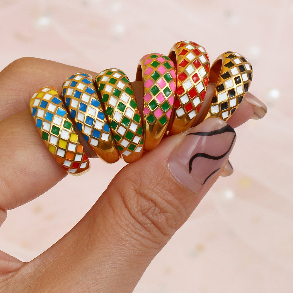 18k Gold Stainless Steel Designer Tarnish Free Colorful Checker Rings