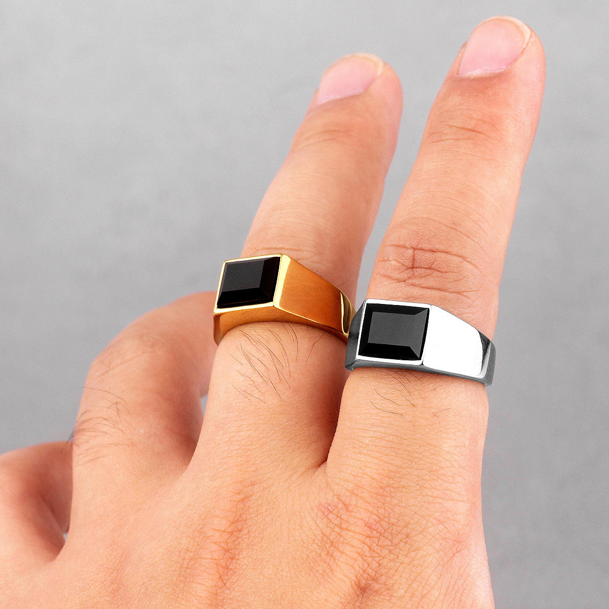 Simple Luxury | 14k Gold Over Solid Stainless Steel Black Gemstone Street Style Rings
