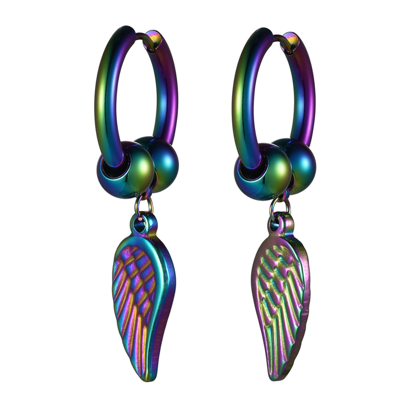 14k Rose Gold Rainbow Color Angel Wings Huggie Style Hoop Stainless Steel High Fashion Earrings