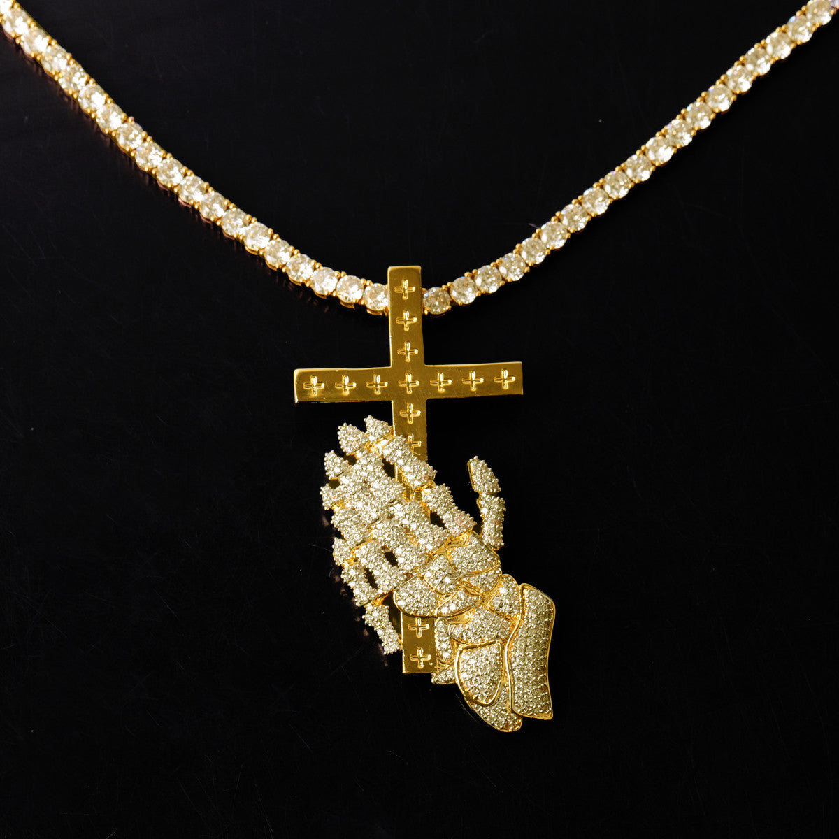 The Faithful | VVS Diamnd CZ Prayer Hands Holding Cross Iced Blinged Out Pendant