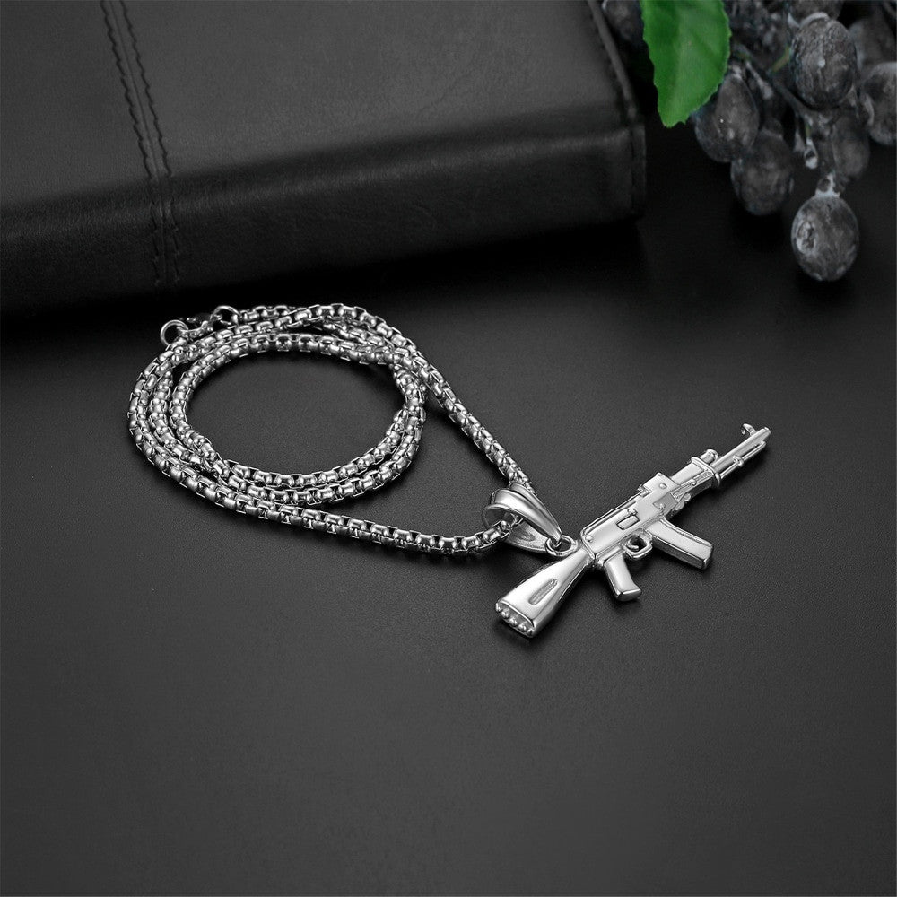 Mens Chopper Ak 47 Black Silver over No Fade Stainless Steel Army Style Hip Hop Pendant