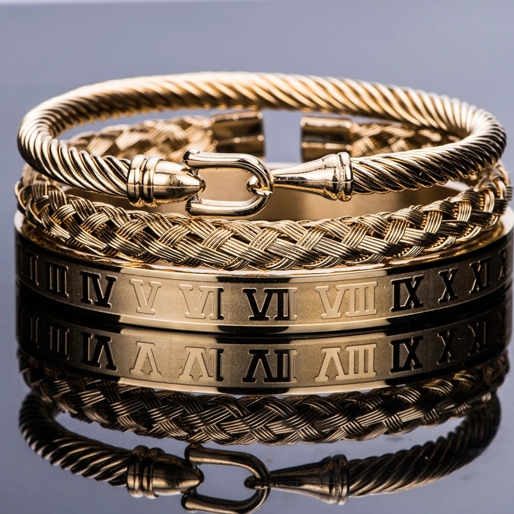 Royal Luxe | 3 Piece Luxury Cable Wire No Fade Stainless Steel Horseshoe Buckle Bracelets