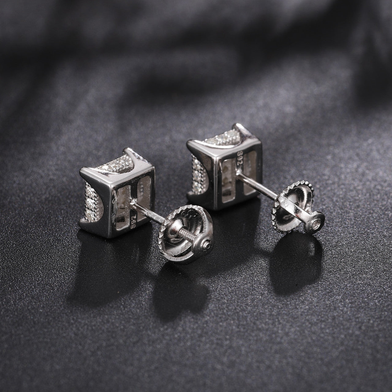 Flooded Ice 925 Solid Silver 3D Cube Genuine VVS Diamond Bling Hip Hop Earrings