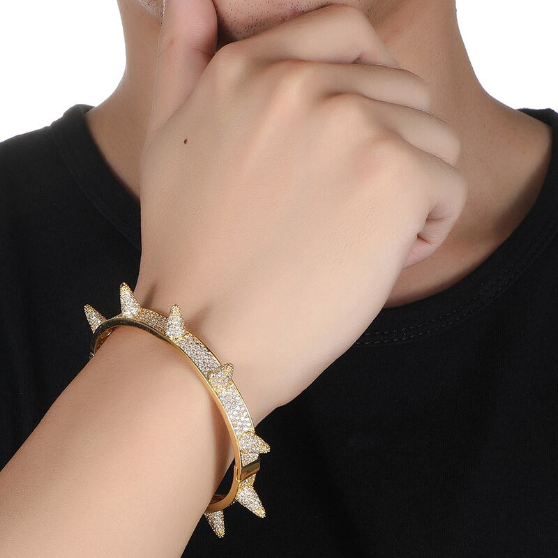 Micro Paved AAA Lab Diamond Stone Rivet Spike Open Cuff Bangle Bracelet