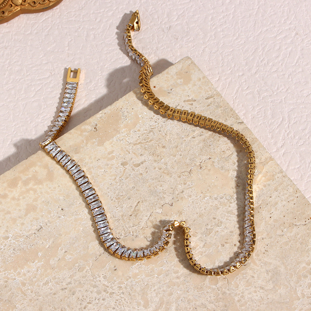 Ladies 18k Gold Silver No Fade Stainless Steel Square Tennis Chain Necklace Bracelet Set