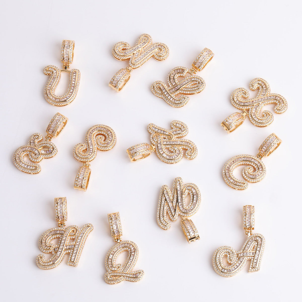 Street Melody | White Yellow Gold Iced Cursive Initial Letter Baguette Pendant Chain