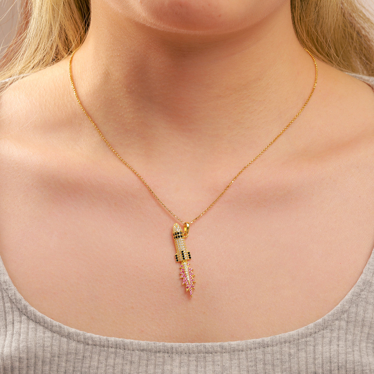 Genuine Diamond Solid 925 Flaming Missile Hip Hop Pendant Chain Necklace