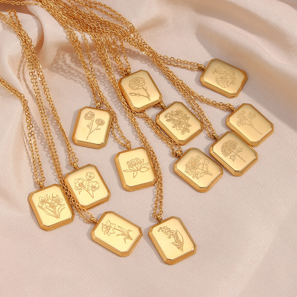 18k Gold Waterproof Stainless Steel Square Flower Birthstone Necklaces