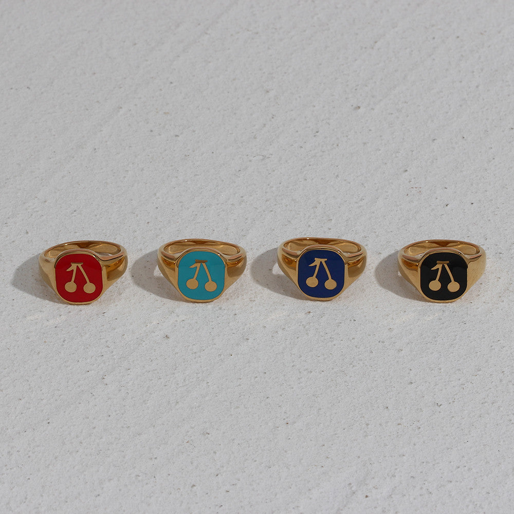 Ladies 18k Gold Solid Stainless Steel Black Red Blue Enamel Stone Cherry Ring