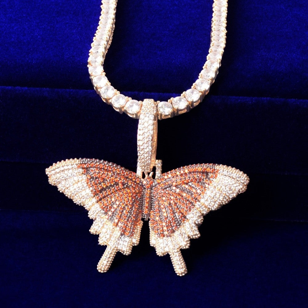 Double Stone 18k Gold 925 Silver AAA Micro Pave Butterfly Hip Hop Pendant Chain Necklace