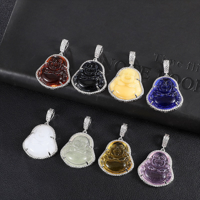 14k Gold Stainless Steel Hip Hop 8 Colors Flooded Ice Buddha Pendant Chain Necklace