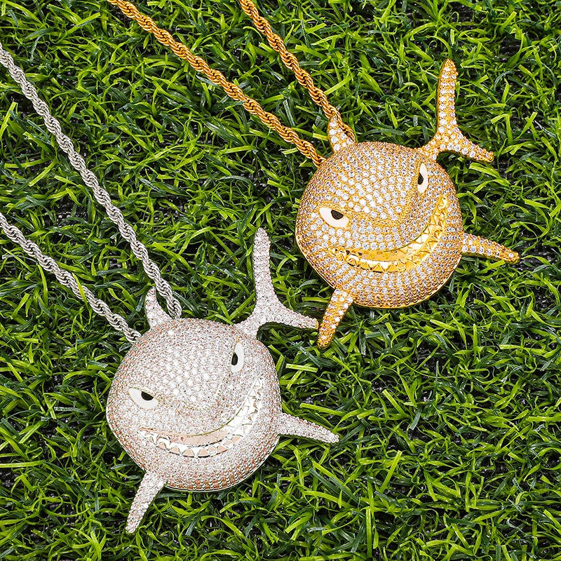 3D 18k Gold .925 Silver Shark Face Pendant Chain Necklace