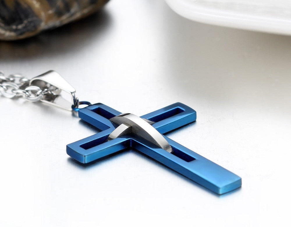 Retro Stainless Steel Gold Black Blue Silver Christian Cross Pendant Chain Necklace