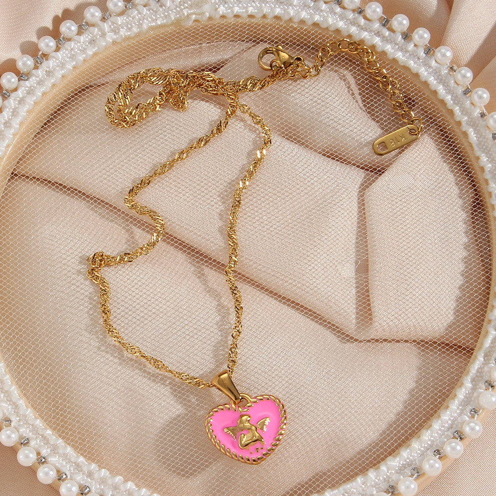 18k Gold Stainless Steel Tarnish Free Angel Heart Enamel Pendant Necklaces