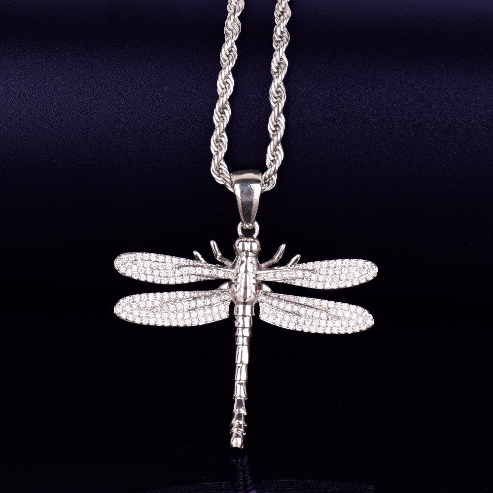 Dragonfly Mosquito Hawk 18k Gold .925 Hip Hop Micro Pave Stone Bling Pendant Chain Necklace