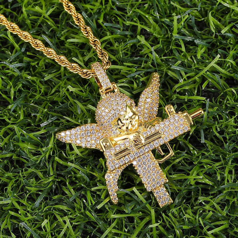 Flooded Ice Uzi Machine Hip Hop Guardian Angel Bling Pendant Chain Necklace