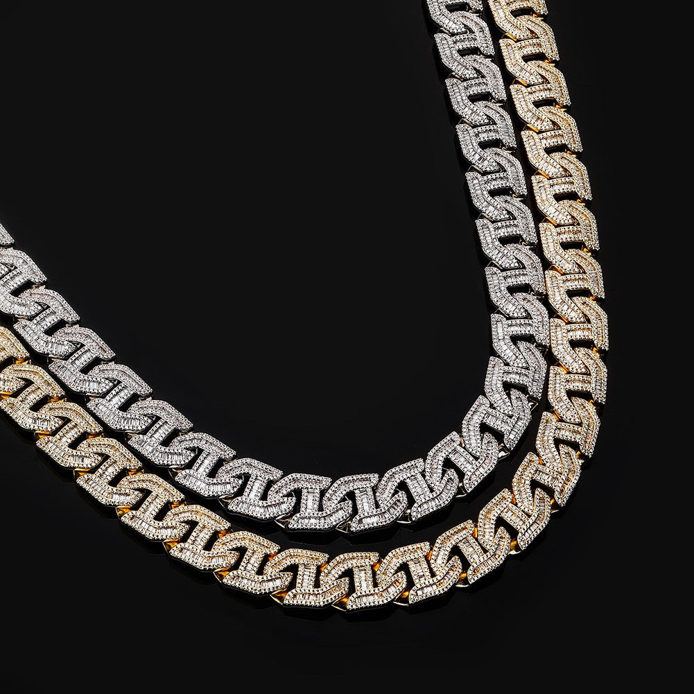 Flooded Ice 16mm 14k Gold 925 Silver Prong Baguette Curb Link Hood Honcho Chain Necklace
