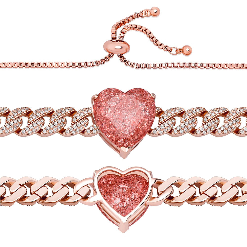 Ladies Iced Big Heart 9mm Cuban Link Choker Style Bling Chain Necklace