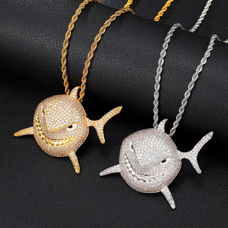 18k Gold .925 Silver 3D AAA Micro Pave Shark Head Pendant Chain Necklace